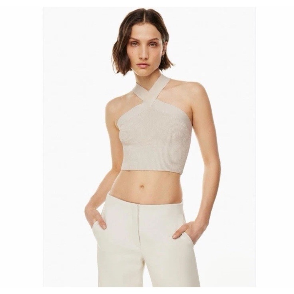 Babaton Womens Sz L Sculpt Knit Criss Cross Halter Top Beige Ribbed Crop Tank